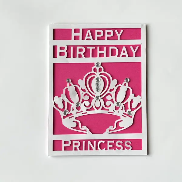 Pink paper-cut happy birthday princess crown card