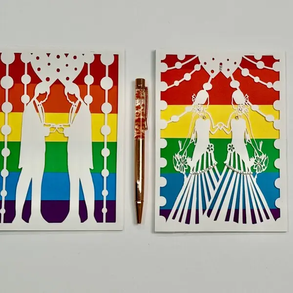 Rainbow paper-cut couple silhouette wedding cards