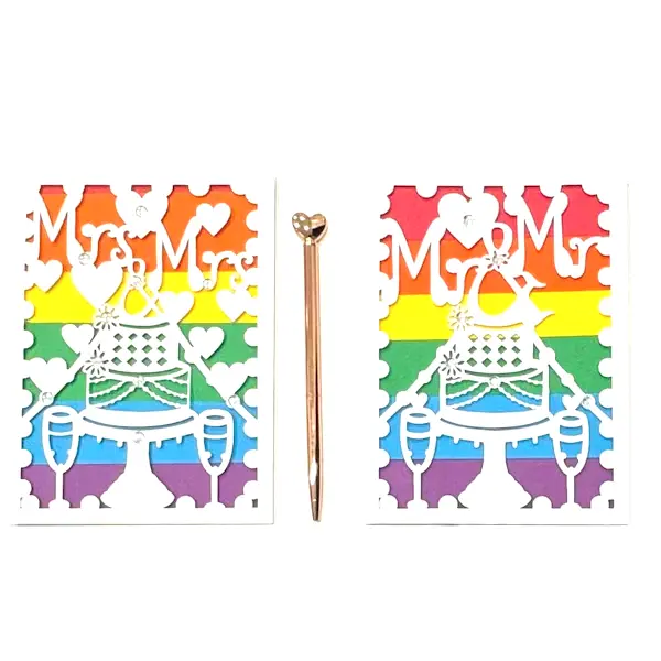 Mrs and Mrs, Mr and Mr rainbow wedding cake paper-cut card